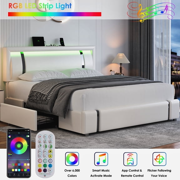 Homfa Full Size LED Bed Frame with 2 Storage Drawer & Charge Station, PU Low Profile Upholstered Platform Full Bed with Adjustable Headboard, White