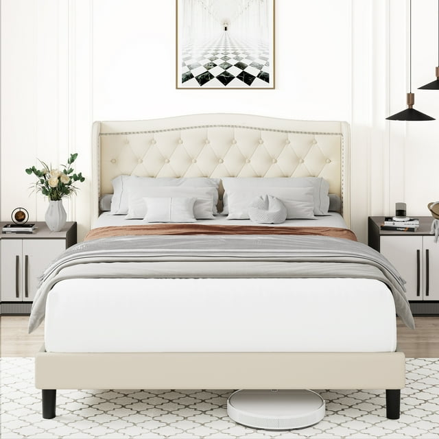 Homfa Full Bed Frame, Modern Bed Frame with WingBack Button Tufted