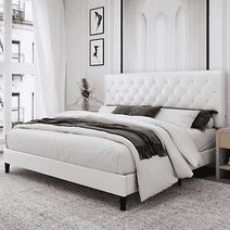 Homfa Full Bed Frame, White Faux Leather Upholstered Button Tufted Low Profile Platform Bed Frame with Adjustable Headboard for Bedroom