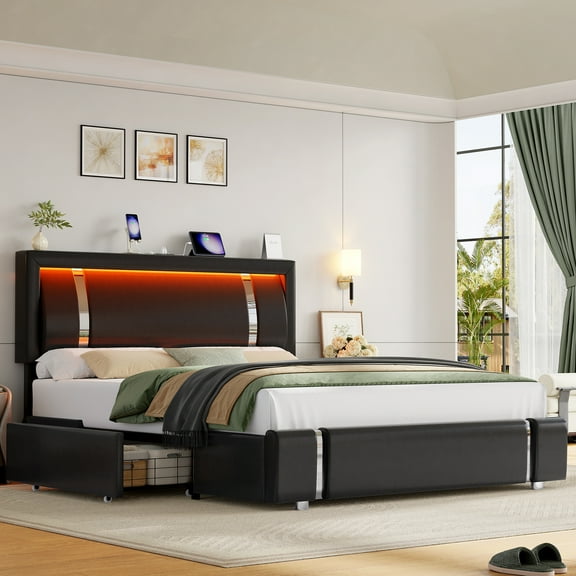 Homfa Full Bed Frame with LED Headboard & Charge Station & 2 Storage Drawers, PU Leather Upholstery Adjustable Platform Bed Frame, Black