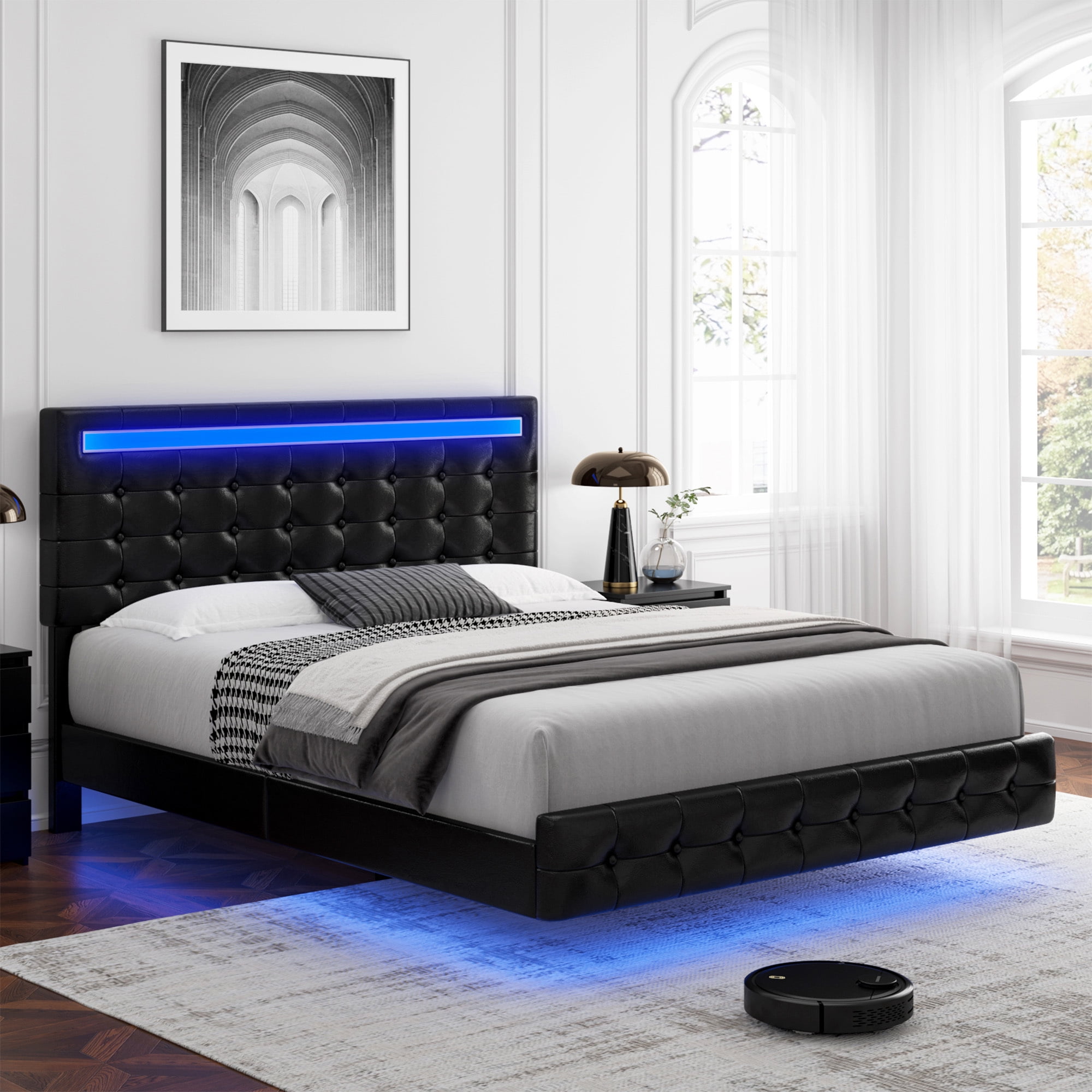 Homfa Full Floating Bed with Lights LED Platform Bed Frame with Under Bed Storage PU Leather Adjustable Tufted Upholstered Bed Black