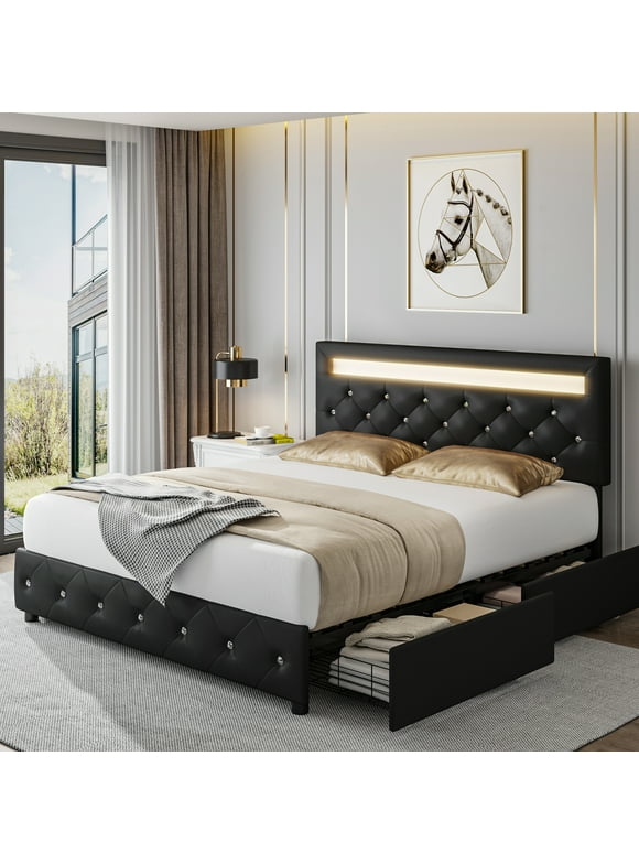 Homfa Full LED Bed Frame with 4 Storage Drawer, Upholstered Platform Bed with Adjustable Crystal Button Tufted Headboard, Black