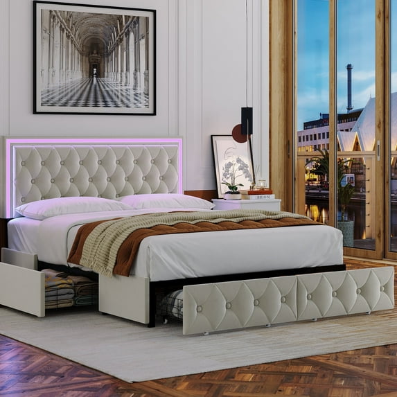 Homfa Full LED Bed with 4 Drawers, LED Lights Platform Storage Bed Frame with Upholstered Adjustable Button Tufted Headboard, Velvet Beige