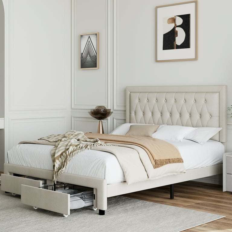 Homfa Full Size Bed Frame with 2 Drawers, Adjustable Button