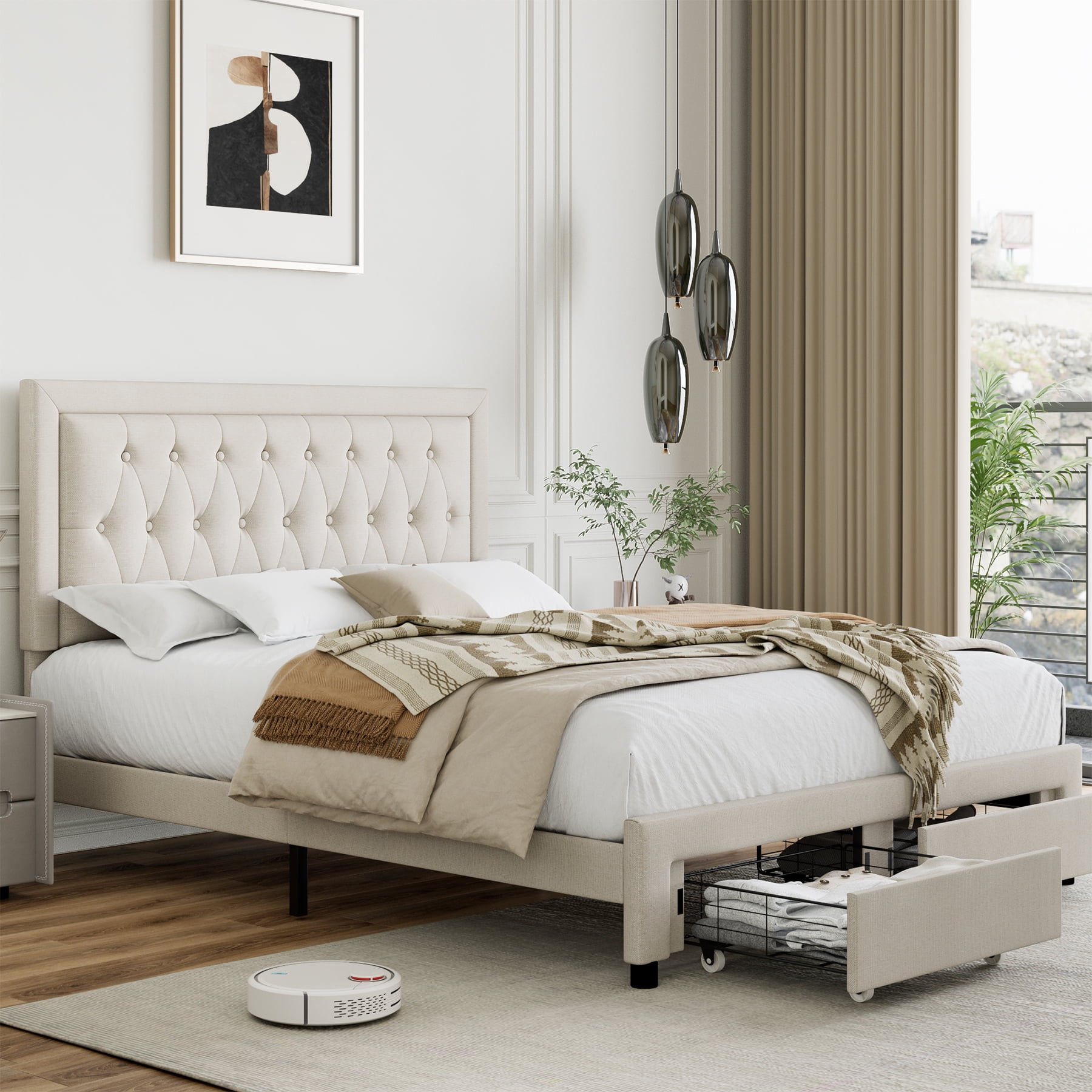 Homfa Full Size Bed Frame with 2 Drawers, Adjustable Button Headboard