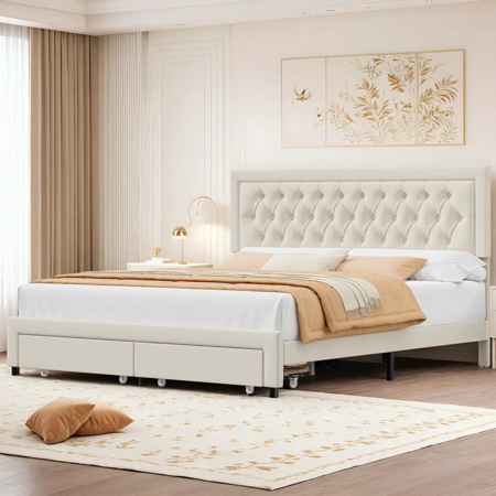 Homfa Full Size Bed Frame with Storage, Linen Upholstered Platform Bed with 2 Storage Drawers & Adjustable Button Headboard, Beige