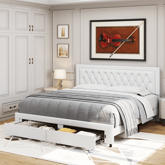 Homfa Full Size Bed Frame with Storage, PU Leather Upholstered Platform Bed with 2 Storage Drawers & Adjustable Button Headboard, White