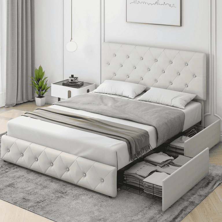 GAOMON Full Size Bed Frame with 4 Storage Drawers Linen Upholstered Platform Bed Frame with Adjustable Headboard Diamond Stitched Button Tufted