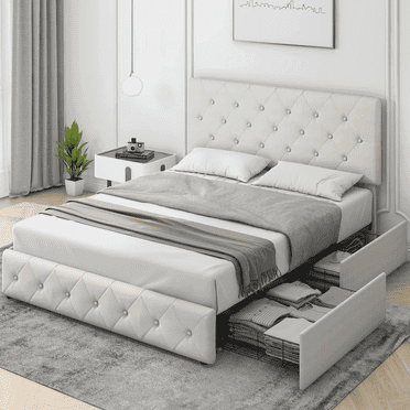 Homfa Full Size 4 Storage Drawers Bed Frame, Square Tufted Upholstered Platform Bed with Adjustable Headboard, Off-white