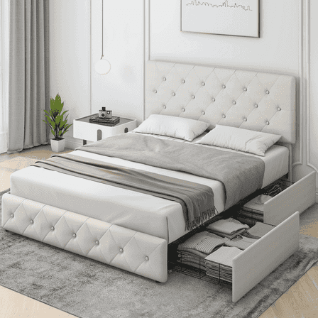 Homfa Full Size 4 Storage Drawers Bed Frame, Square Tufted Upholstered Platform Bed with Adjustable Headboard, Off-white