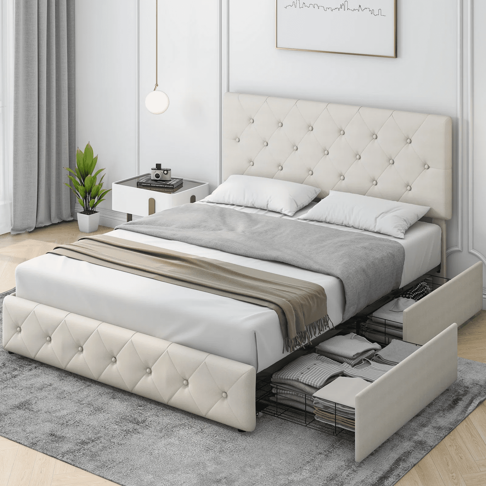 Homfa Full Size 4 Storage Drawers Bed Frame, Square Tufted Upholstered Platform  Bed with Adjustable Headboard, Off-white 