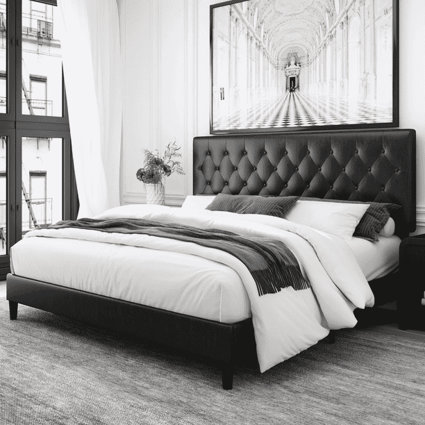 Homfa Full Size Bed, Black Faux Leather Upholstered Button