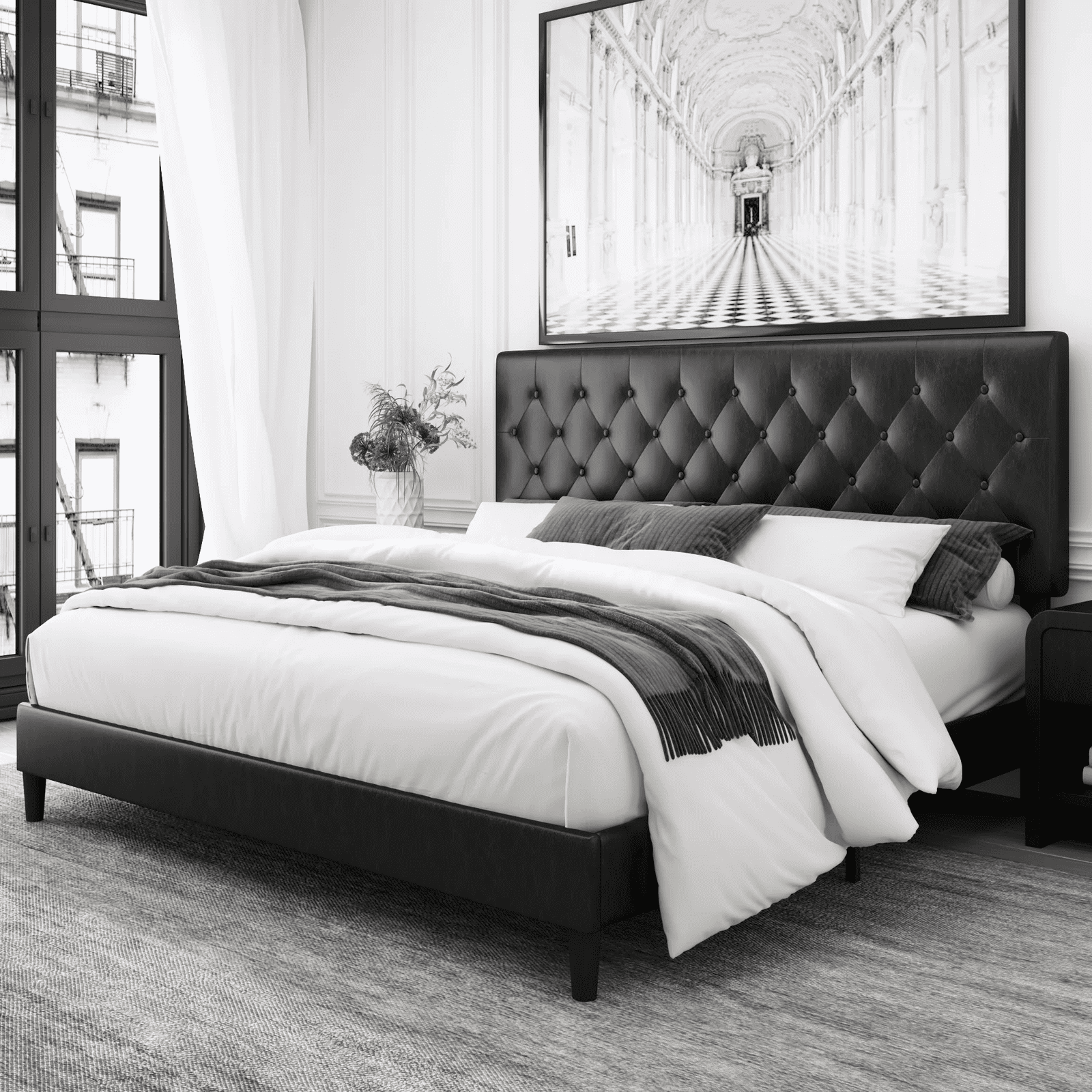 Black faux leather headboard deals