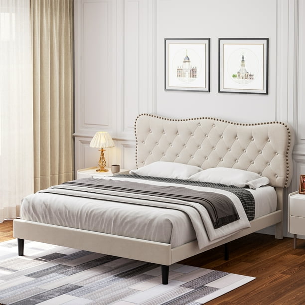 Homfa Full Size Bed Frame, Linen Upholstered Platform Bed with Button ...