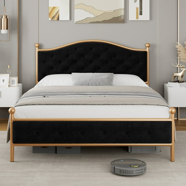 Homfa Full Size Bed Frame, Metal Tubular Platform Bed with Button