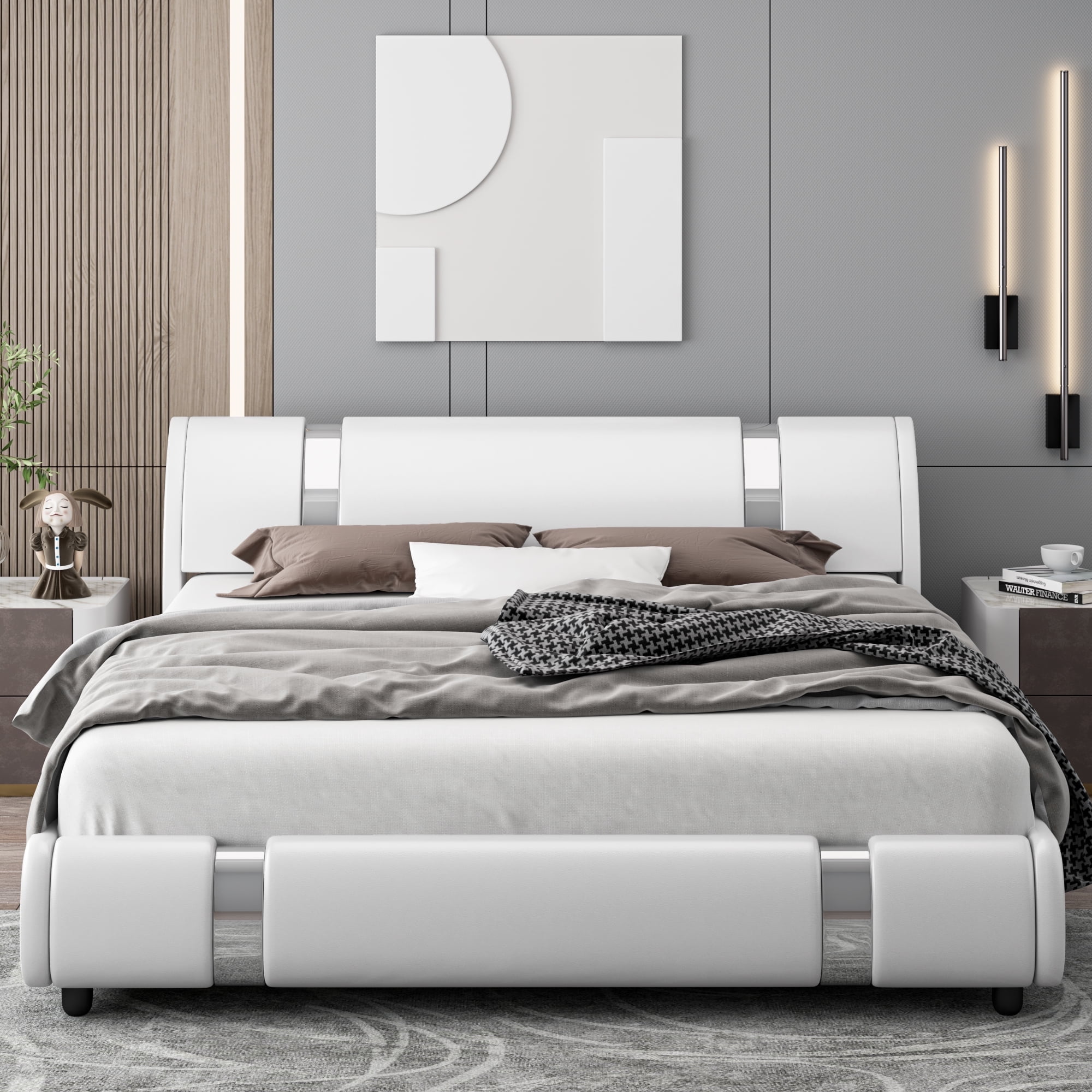 Homfa Full Size Bed Frame, Modern Leather Upholstered Platform Bed Frame with Adjustable White Headboard, No Box Spring Needed - image 1 of 8