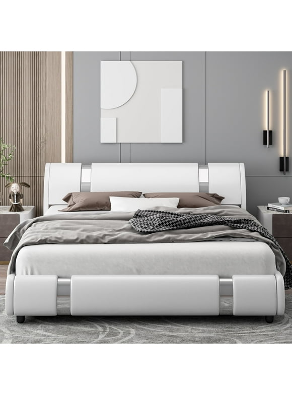Homfa Full Size Bed Frame, Modern Leather Upholstered Platform Bed Frame with Adjustable White Headboard, No Box Spring Needed