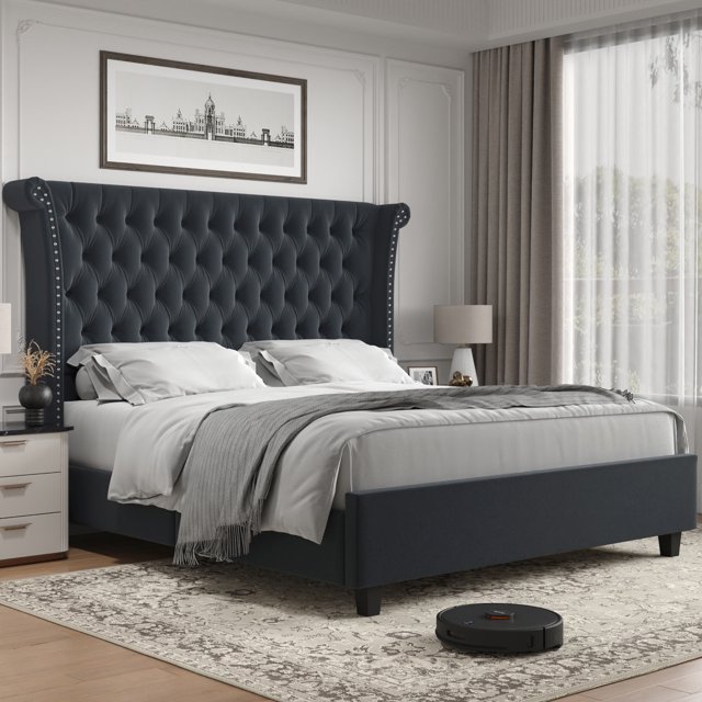 Homfa Full Size Bed Frame, Modern Velvet Tufted Upholstered Platform