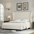 thumbnail image 1 of Homfa Full Size Bed Frame, Modern Velvet Tufted Upholstered Platform Bed with Rivet Rolled Edge High Wingback Headboard, White, 1 of 9