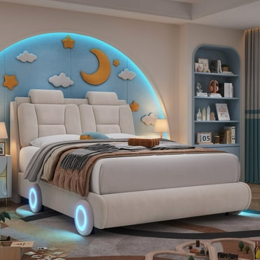 Homfa Full Size Bed Frame with LED Wheel for Kids, Velvet Upholstered Platform Bed with with Adjustable Headboard and Pillow, Beige