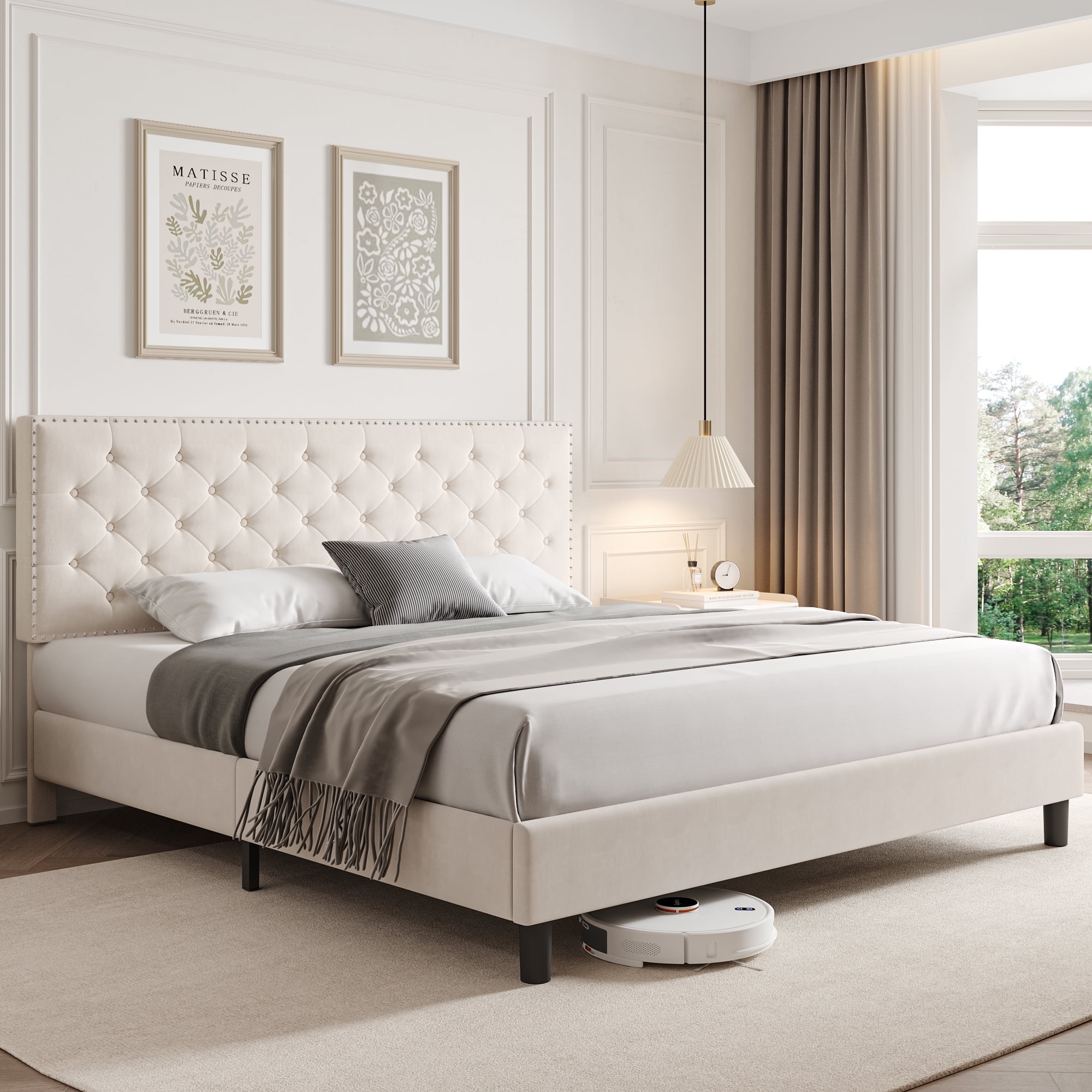 Homfa Full Size Bed Upholstered Bed Frame with Button Tufted Adjustable Headboard for Bedroom Beige