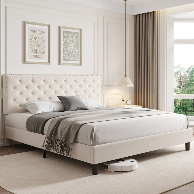 Homfa Full Size Bed Upholstered Bed Frame with Button Tufted Adjustable Headboard for Bedroom Beige