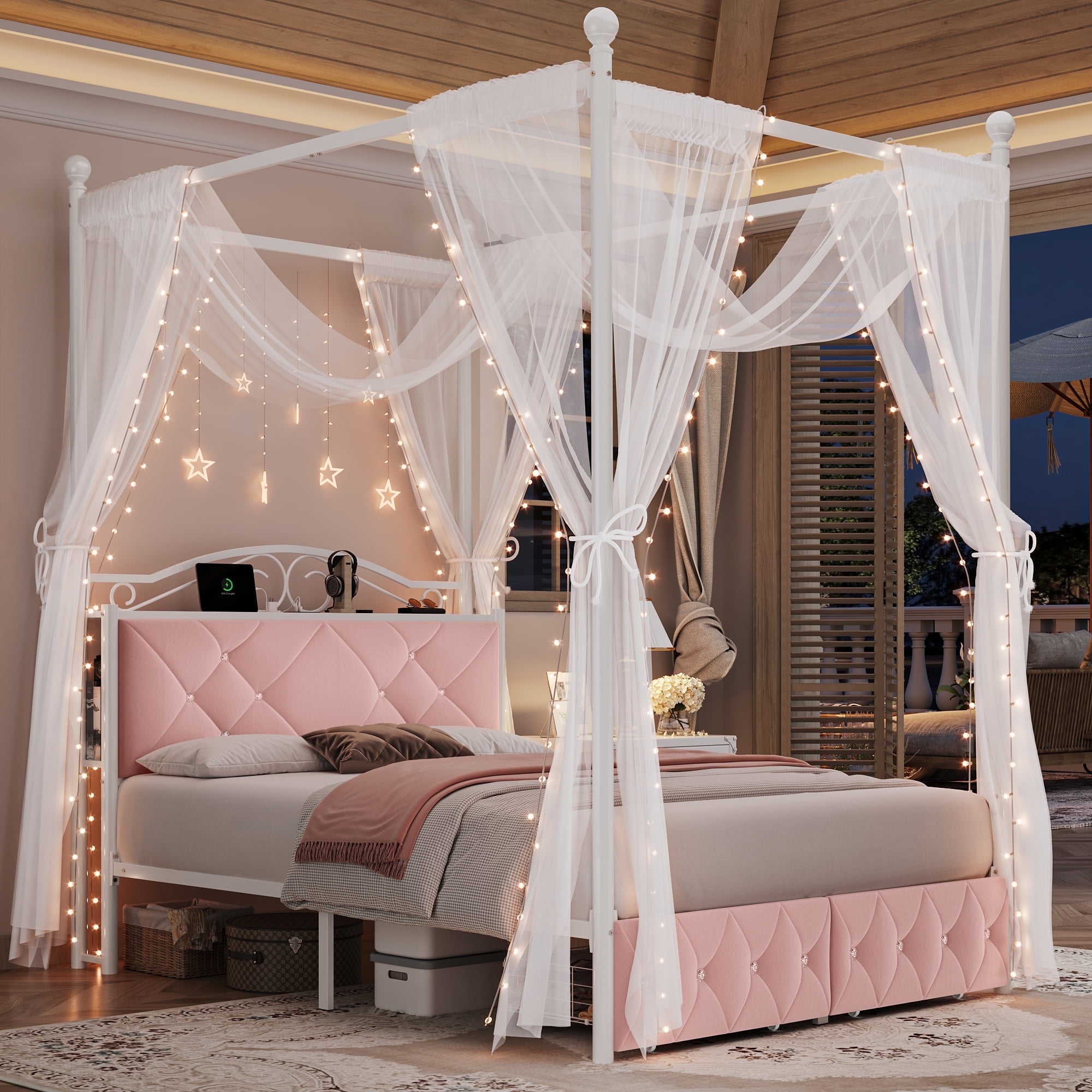 Homfa Full Size Upholstered Metal Canopy Bed, 2 Drawers Storage Platform Bed with Charging Ports, Pink Homfa Full Size Upholstered Metal Canopy Bed, 2 Drawers Storage Platform Bed with Charging Ports, Pink