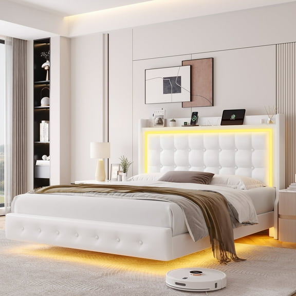 Homfa Full Size Floating Bed with LED Lights Charging Station, Modern PU Upholstered Platform Bed with Storage Headboard, White