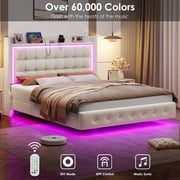 Homfa Full Size Floating Bed with RGB LED Lights Charging Station, Velvet Upholstered Platform Bed with Storage Headboard, Off-White