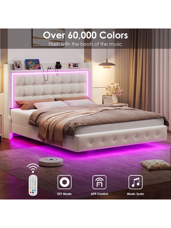 Full Size Floating Bed with RGB LED Lights Charging Station, Velvet Upholstered Platform Bed with Storage Headboard, Off-White