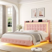 Homfa Full Size Floating Bed with RGB LED Lights Charging Station, Velvet Upholstered Platform Bed with Storage Headboard, Pink