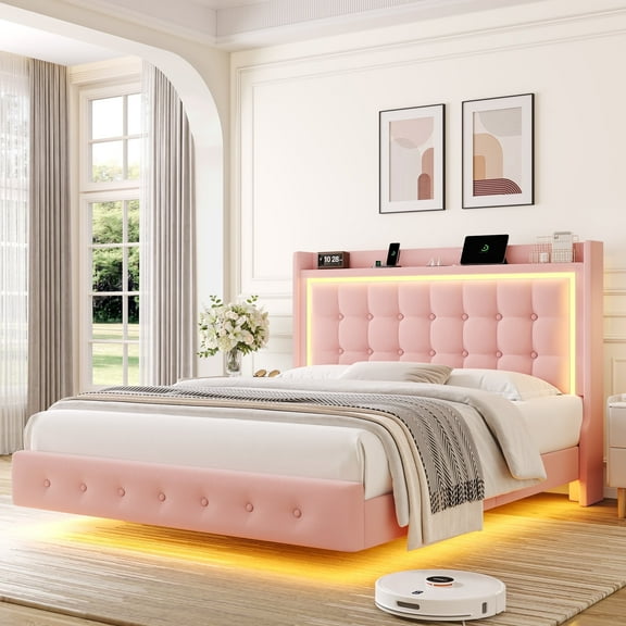 Homfa Full Size Floating Bed with RGB LED Lights Charging Station, Velvet Upholstered Platform Bed with Storage Headboard, Pink
