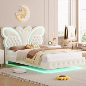Homfa Full Size Velvet Upholstered Bed with LED Lights, Floating Platform Bed Frame with Butterfly Crystal Button Tufted Headboard, Beige