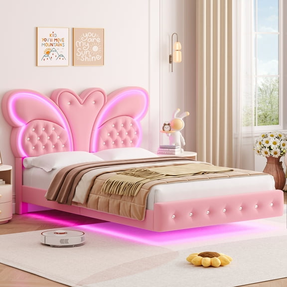 Homfa Full Size Velvet Upholstered Bed with LED Lights, Floating Platform Bed Frame with Butterfly Crystal Button Tufted Headboard, Pink