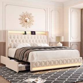 Homfa Full Size LED Bed Frame with Outlets and USB Ports, 2 Storage Drawers Modern Wingback Crystal Button Tufted Velvet Upholstered Platform Bed Frame, Beige