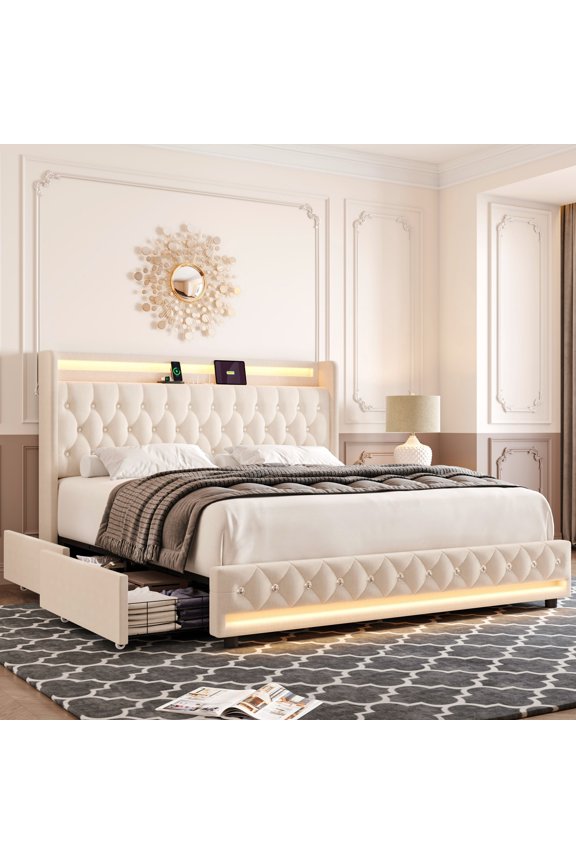 Full Size LED Bed Frame with Outlets and USB Ports, 2 Storage Drawers Modern Wingback Crystal Button Tufted Velvet Upholstered Platform Bed Frame, Beige