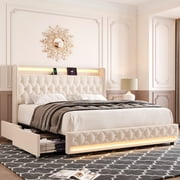 Homfa Full Size LED Bed Frame with Outlets and USB Ports, 2 Storage Drawers Modern Wingback Crystal Button Tufted Velvet Upholstered Platform Bed Frame, Beige