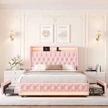 Homfa Full Size LED Bed Frame with Outlets and USB Ports, 4 Storage Drawers Modern Wingback Crystal Button Tufted Velvet Upholstered Platform Bed Frame, Pink