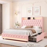 Homfa Full Size LED Bed Frame with 2 Storage Drawers & Charge Station, Modern Wingback Upholstered Platform Bed Frame, Pink Velvet