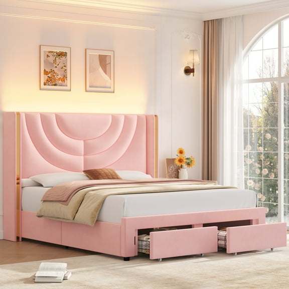 Homfa Full Size LED Bed Frame with 2 Drawer Storage, Wingback Platform Bed with Velvet Upholstered Headboard, Pink