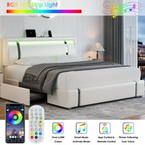 Homfa Full Size LED Bed Frame with 2 Storage Drawers, Modern Leather Upholstered Platform Bed Frame with Adjustable Headboard, White