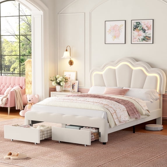 Homfa Full Size LED Bed Frame with 2 Drawers, Velvet Upholstered Platform Bed Frame with Adjustable Petal Headboard for Bedroom, Beige