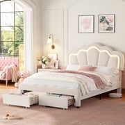 Homfa Full Size LED Bed Frame with 2 Drawers, Velvet Upholstered Platform Bed Frame with Adjustable Petal Headboard for Bedroom, Beige