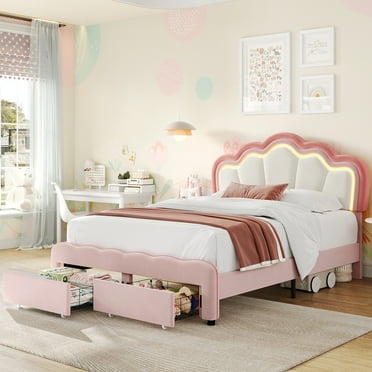 Homfa Full Size LED Bed Frame with Drawer, Velvet Upholstered Platform Bed with Adjustable Petal Headboard for Kid, Pink