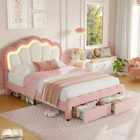 Homfa Full Size LED Bed Frame with 2 Drawers, Velvet Upholstered Platform Bed Frame with Adjustable Petal Headboard for Kid, Pink