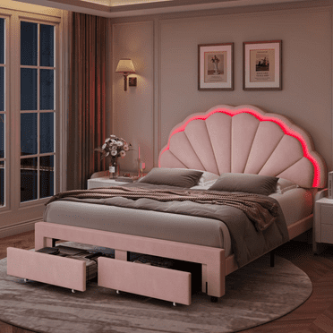 Homfa Full Size LED Bed Frame with Drawer, Velvet Upholstered Platform Full Bed with Adjustable Petal Headboard, Pink