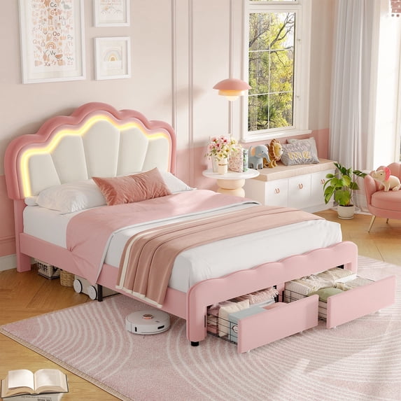 Homfa Full Size LED Bed Frame with Storage Drawers, Velvet Upholstered Platform Bed with Adjustable Petal Headboard, RGB LED Lights Bed for Bedroom, Pink