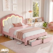 Homfa Full Size LED Bed Frame with Storage Drawers, Velvet Upholstered Platform Bed with Adjustable Petal Headboard, RGB LED Lights Bed for Bedroom, Pink