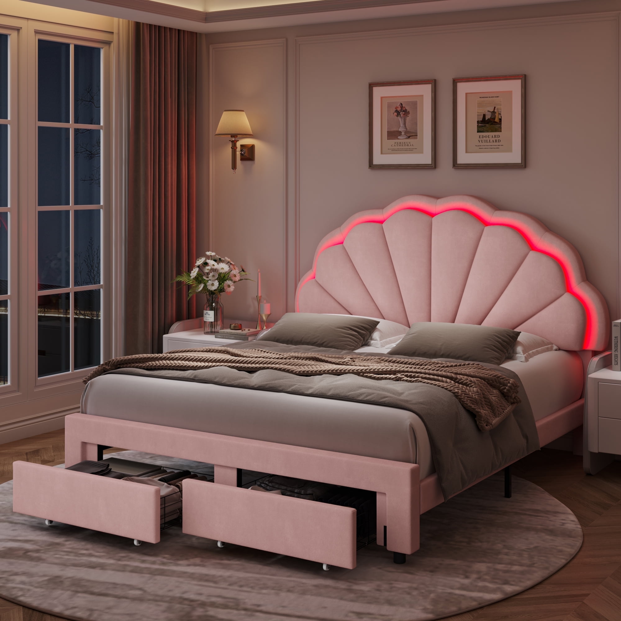 Homfa Full Size LED Bed Frame with Drawer, Velvet Upholstered Platform Bed with Adjustable Petal Headboard for Kid, Pink Homfa Full Size LED Bed Frame with Drawer, Velvet Upholstered Platform Bed with Adjustable Petal Headboard for Kid, Pink