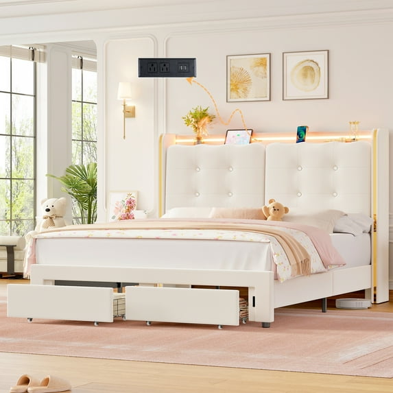 Homfa Full Size LED Bed Frame with Drawer, Velvet Crystal Button Upholstered Platform Bed Frame with Outlets and USB Ports & Display Platform, No Box Spring Needed, Beige